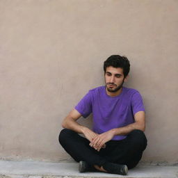 A 25-year-old Iranian Muslim man, seated behind a wall, wearing a purple t-shirt and black pants, engrossed in a moment of solitude while smoking.