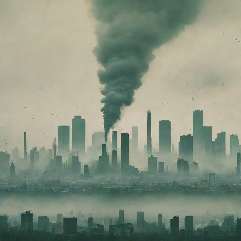 An impactful poster depicting air pollution, with smog-filled city skyline, industrial emissions, and struggling wildlife visuals contrasted with clean, green, sustainable alternatives.