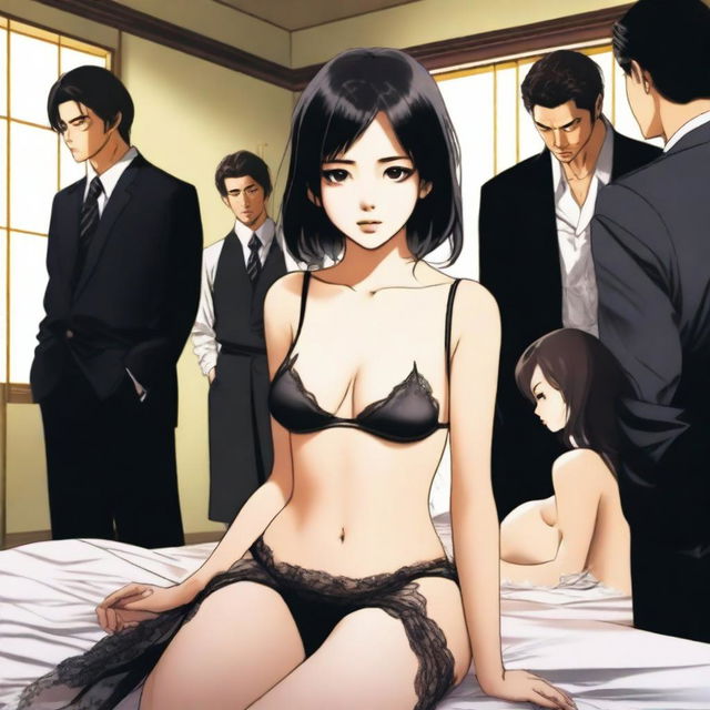 A scene featuring a beautiful and cute Japanese girl wearing black lingerie with a pained expression, sitting in a bedroom