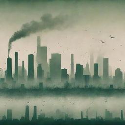 An impactful poster depicting air pollution, with smog-filled city skyline, industrial emissions, and struggling wildlife visuals contrasted with clean, green, sustainable alternatives.