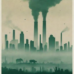 An impactful poster depicting air pollution, with smog-filled city skyline, industrial emissions, and struggling wildlife visuals contrasted with clean, green, sustainable alternatives.