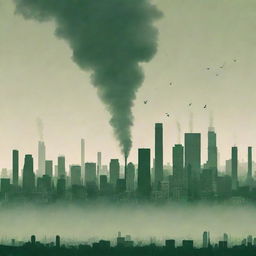 An impactful poster depicting air pollution, with smog-filled city skyline, industrial emissions, and struggling wildlife visuals contrasted with clean, green, sustainable alternatives.