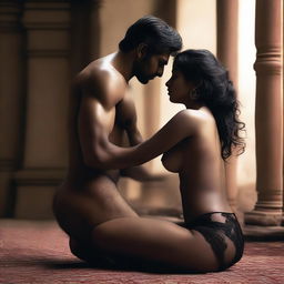 A controversial and provocative scene featuring a beautiful and cute Indian girl wearing black lingerie, kneeling in front of a man