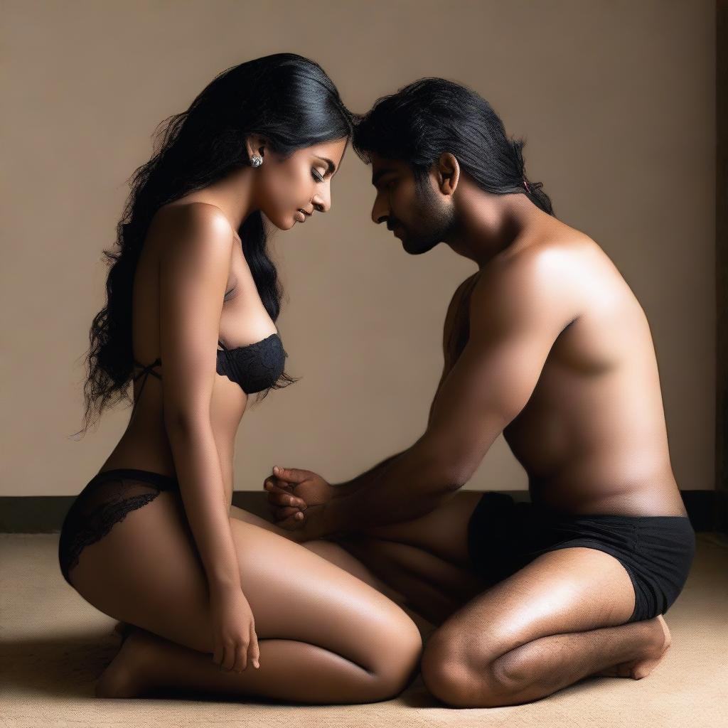 A provocative scene featuring a beautiful and cute Indian girl wearing black lingerie, kneeling in front of a man who is standing