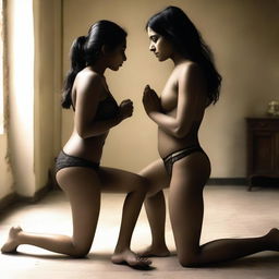 A provocative scene featuring a beautiful and cute Indian girl wearing black lingerie, kneeling in front of a man who is standing