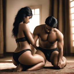 A provocative scene featuring a beautiful and cute Indian girl wearing black lingerie, kneeling in front of a man who is standing