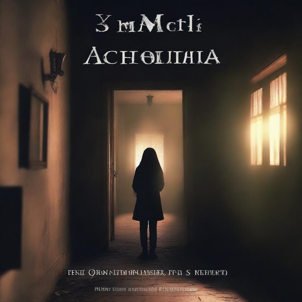 Dark Academia Paranormal Book Cover: Craft a mesmerizing cover featuring a girl in a dormitory corridor with ghostly shadows and flickering lights