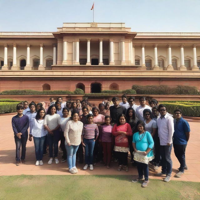 A group of students on an educational trip to Rashtrapati Bhavan, the official residence of the President of India