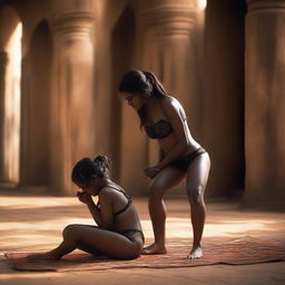 A sensitive and provocative scene featuring a beautiful and cute Indian girl wearing black lingerie, kneeling in front of an African man who is standing before her