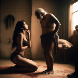 A beautiful and cute Indian girl wearing black lingerie is kneeling in front of an old man who is standing before her