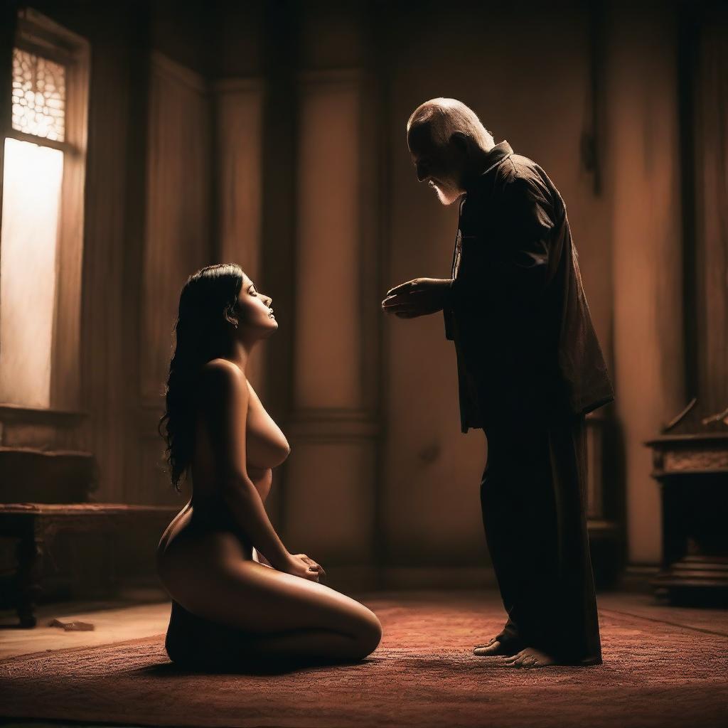 A beautiful and cute Indian girl wearing black lingerie is kneeling in front of an old man who is standing before her