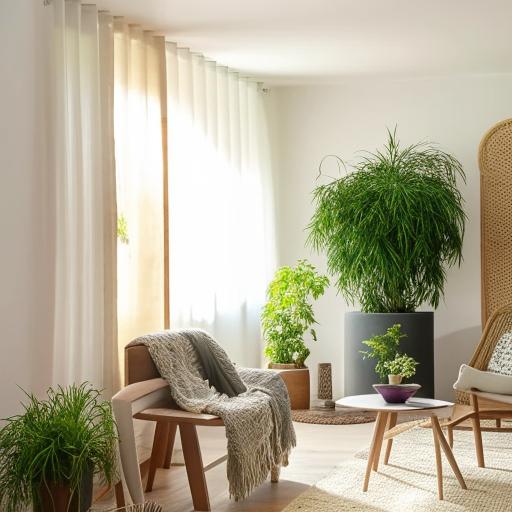 A beautifully decorated, modern living room with ample natural lighting, cozy furniture and vibrant houseplants