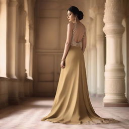 A full-length picture of an Indian model wearing a backless dress