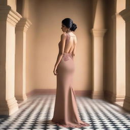 A full-length picture of an Indian model wearing a backless dress