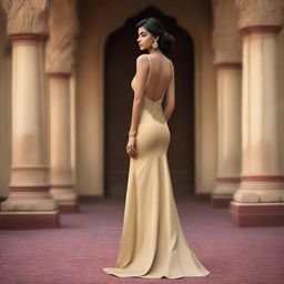 A full-length picture of an Indian model wearing a backless dress