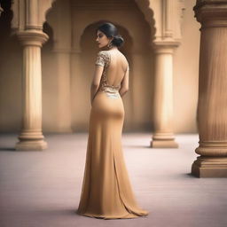 A full-length picture of an Indian model wearing a backless dress