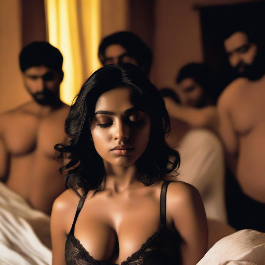 A beautiful and cute Indian girl wearing black lingerie is sleeping in a bedroom, surrounded by adult men