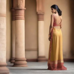 A full-length picture of an Indian model wearing a backless outfit, displaying her bare back and legs