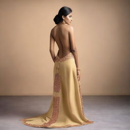 A full-length picture of an Indian model wearing a backless outfit, displaying her bare back and legs