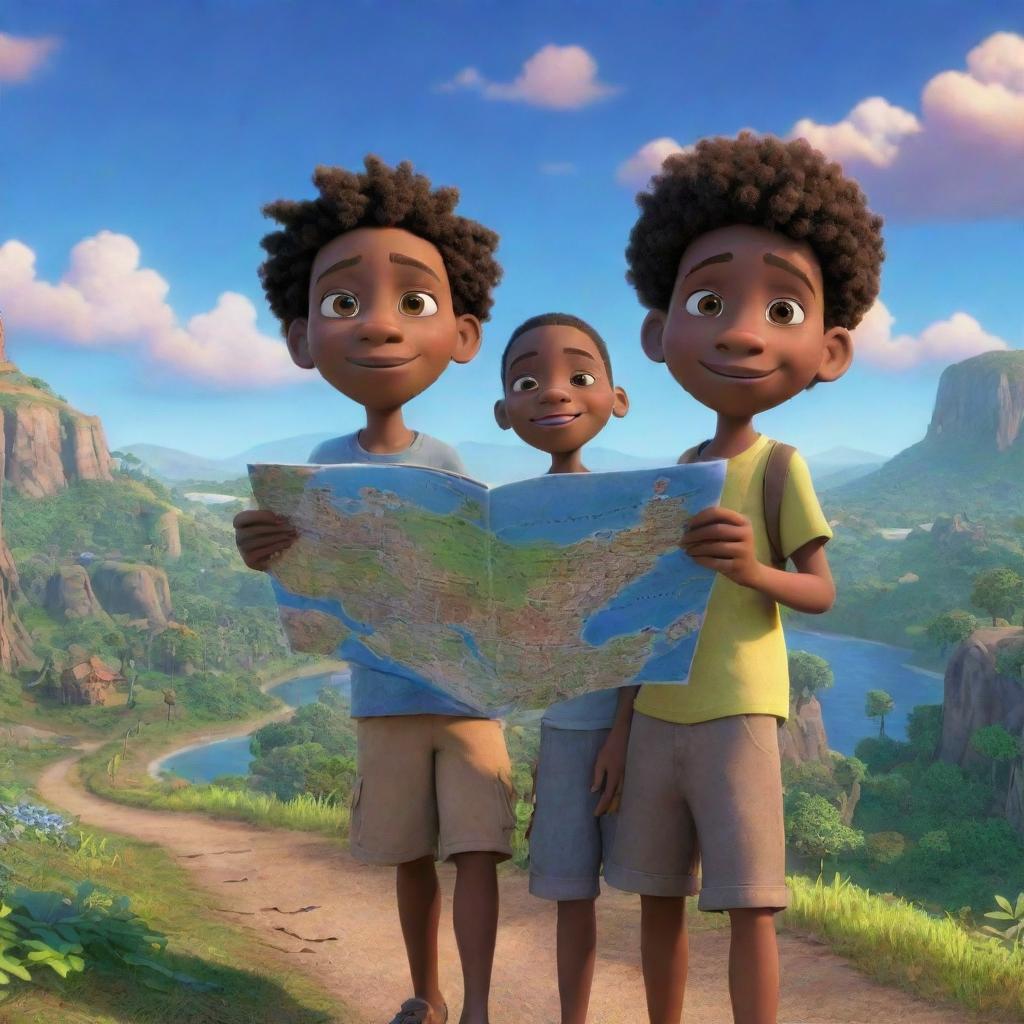 A 9-10 year old Jamaican boy and his friends, clutching a map, navigate through an enchanting landscape under a sky illuminated with stunning hues of blue, rendered in whimsical and magical 3D Pixar-style animation.