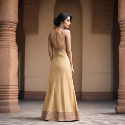 A full-length picture of an Indian model wearing a backless outfit, displaying her bare back and legs