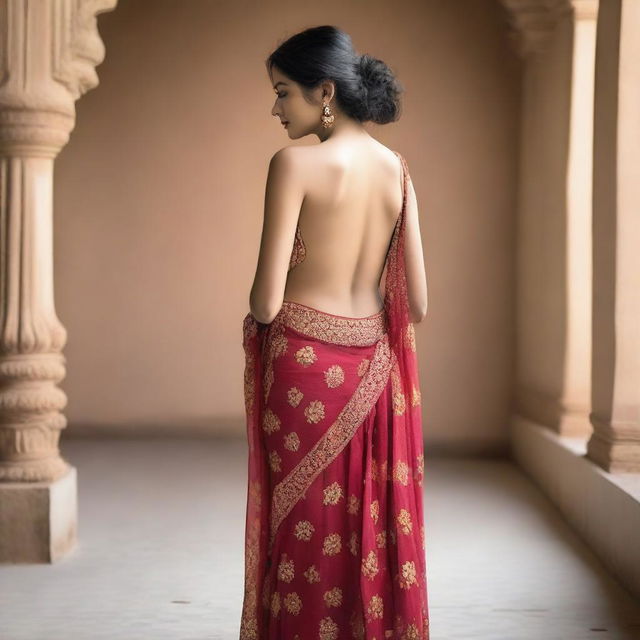 A full-length picture of an Indian model wearing a backless outfit, displaying her bare back and legs