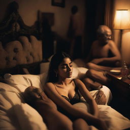 A beautiful and cute Indian girl wearing black lingerie is sleeping in a bedroom, surrounded by elderly men