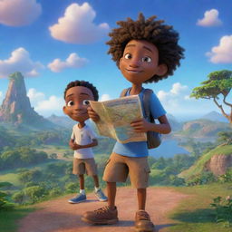 A 9-10 year old Jamaican boy and his friends, clutching a map, navigate through an enchanting landscape under a sky illuminated with stunning hues of blue, rendered in whimsical and magical 3D Pixar-style animation.