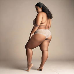 A full-length picture of a plus-size model wearing only a panty, showcasing her bare back and legs