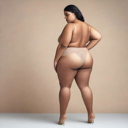 A full-length picture of a plus-size model wearing only a panty, showcasing her bare back and legs