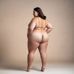 A full-length picture of a plus-size model wearing only a panty, showcasing her bare back and legs