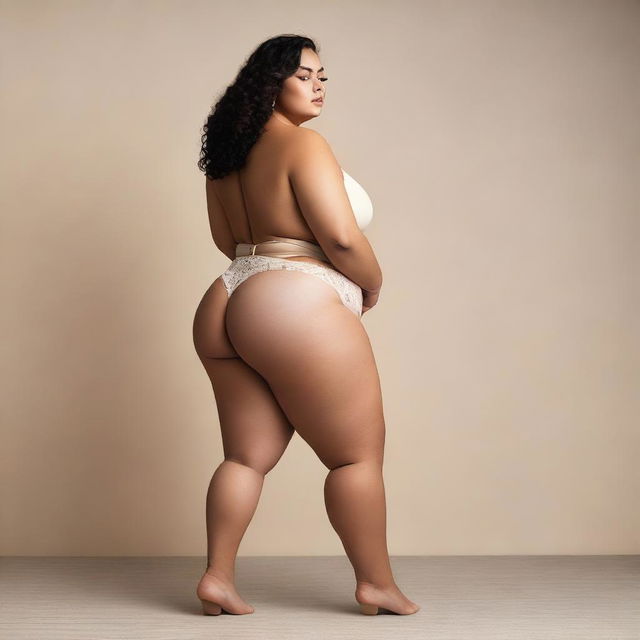 A full-length picture of a plus-size model wearing only a panty, showcasing her bare back and legs