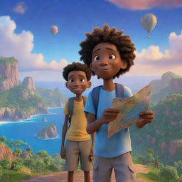 A 9-10 year old Jamaican boy and his friends, clutching a map, navigate through an enchanting landscape under a sky illuminated with stunning hues of blue, rendered in whimsical and magical 3D Pixar-style animation.