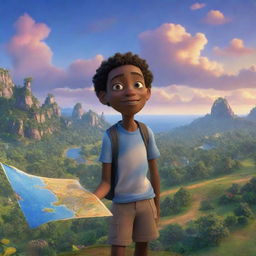 A 9-10 year old Jamaican boy and his friends, clutching a map, navigate through an enchanting landscape under a sky illuminated with stunning hues of blue, rendered in whimsical and magical 3D Pixar-style animation.