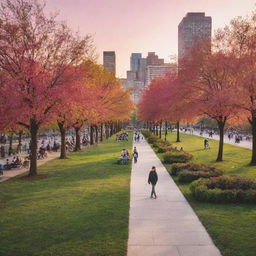 A vibrant image depicting a busy urban park bathed in sunset hues.