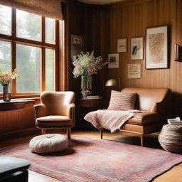 A cozy room with wood paneling on the walls and large windows that let in plenty of natural light