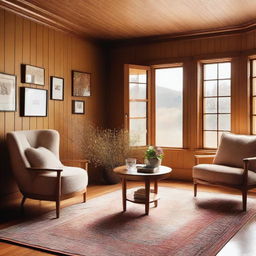 A cozy room with wood paneling on the walls and large windows that let in plenty of natural light