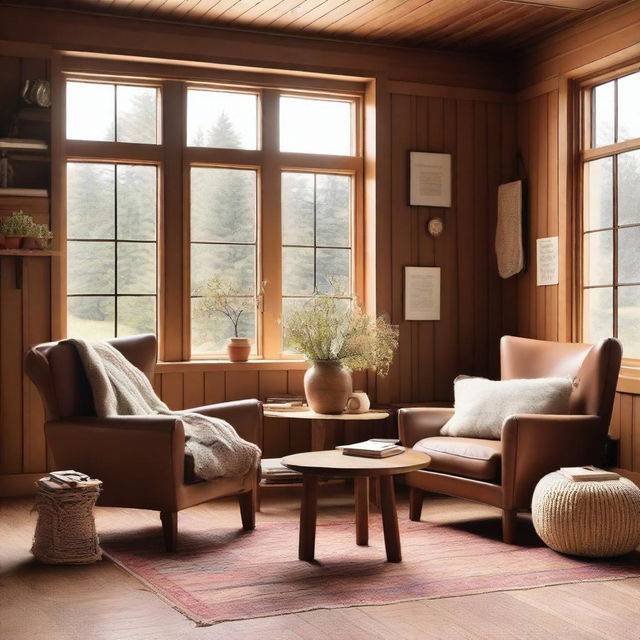 A cozy room with wood paneling on the walls and large windows that let in plenty of natural light