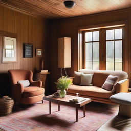 A cozy room with wood paneling on the walls and large windows that let in plenty of natural light