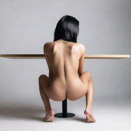 A full-length picture from all angles of a beautiful model with black hair, wearing thin swimwear and high heels, bent over a table top