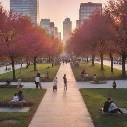 A vibrant image depicting a busy urban park bathed in sunset hues.