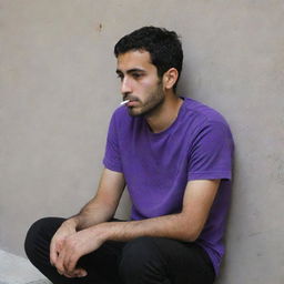 A 25-year-old Iranian Muslim man, clad in a purple t-shirt and black pants, in thoughtful solitude, sitting behind a wall and quietly smoking.