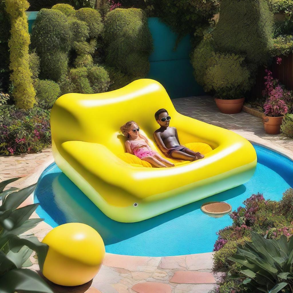 A playful image of a pool float designed like a Lexus UX business car, with a child sunbathing on top