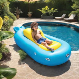 A playful image of a pool float designed like a Lexus UX business car, with a child sunbathing on top