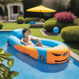 A playful image of a pool float designed like a Lexus UX business car, with a child sunbathing on top