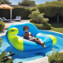 A playful image of a pool float designed like a Lexus UX business car, with a child sunbathing on top