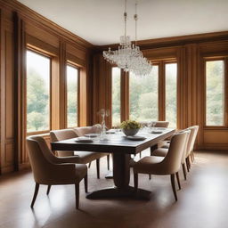 A spacious living room with a large wooden dining table measuring 240x120 cm at the center