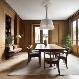 A spacious living room with a large wooden dining table measuring 240x120 cm at the center