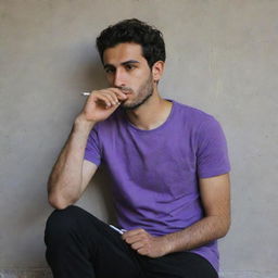 A 25-year-old Iranian Muslim man, clad in a purple t-shirt and black pants, in thoughtful solitude, sitting behind a wall and quietly smoking.