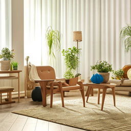 A beautifully decorated, modern living room with ample natural lighting, cozy furniture and vibrant houseplants